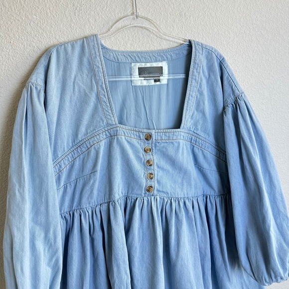 Anthropologie Blue Denim Square Neck Puff Sleeve Babydoll Dress Top 1X pockts - Picture 3 of 9